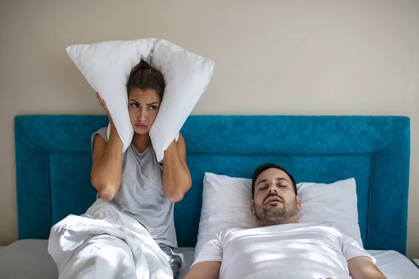 Young Couple Have Problem Man Snoring Heterosexual Couple Bed Man — 스톡 사진