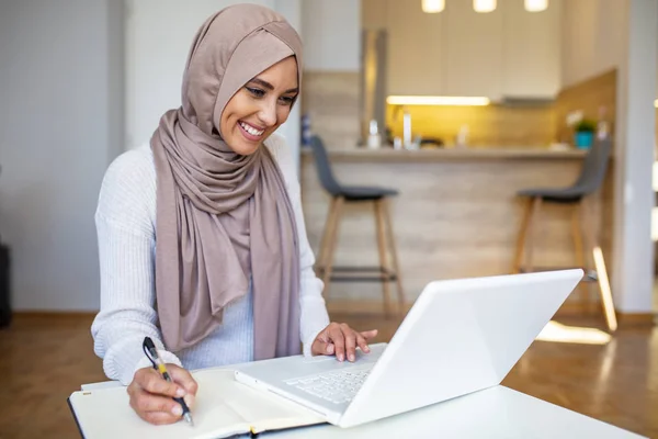 Muslim woman working with computer at home. Muslim woman working with computer in the room , writing paper. Confidence pretty muslim woman Business and finance concepts.