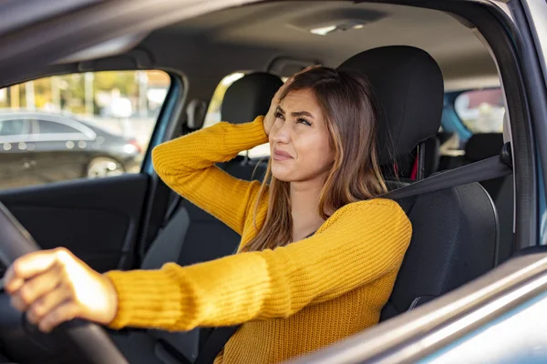 Stressed Woman Driver Young Businesswoman Driving Car While Being Tired — Stock Fotó