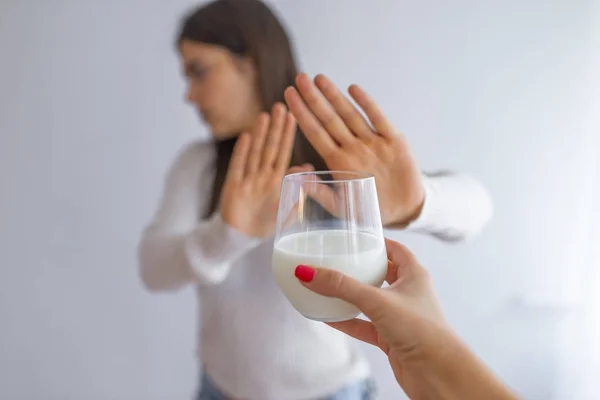 Lactose Intolerance Health Problem Dairy Food Products Concept Woman Holding — Stock Photo, Image