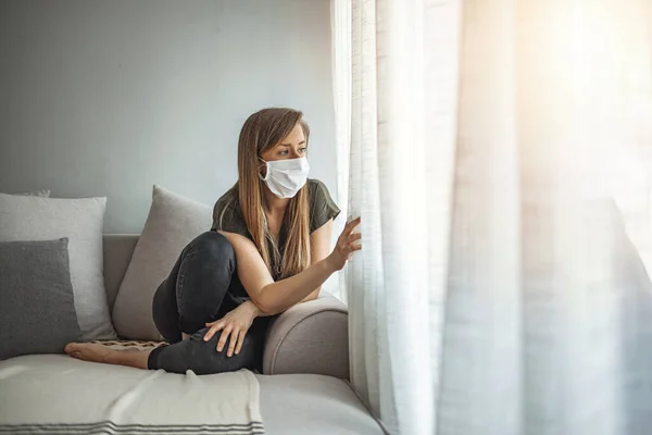 Covid Pandemic Coronavirus Mask Woman Home Covid Lonely Quarantined Girl — Stock Photo, Image