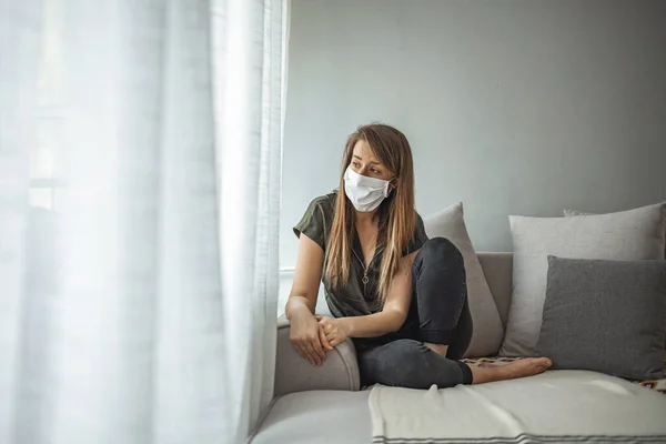 Covid Pandemic Coronavirus Mask Woman Home Covid Lonely Quarantined Girl — Stock Photo, Image