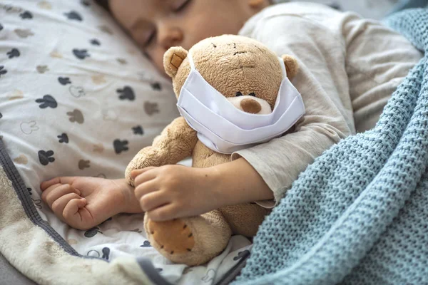 Portrait Little Kid Sleeping Teddy Bear Using Air Masks Child — Stock Photo, Image
