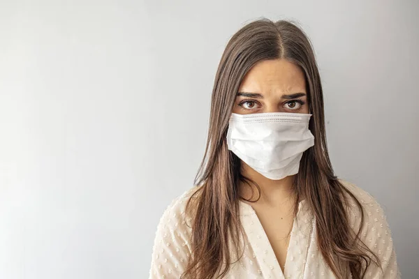 Stop Virus Epidemic Diseases Healthy Woman Blue Medical Protective Mask — Stock Photo, Image