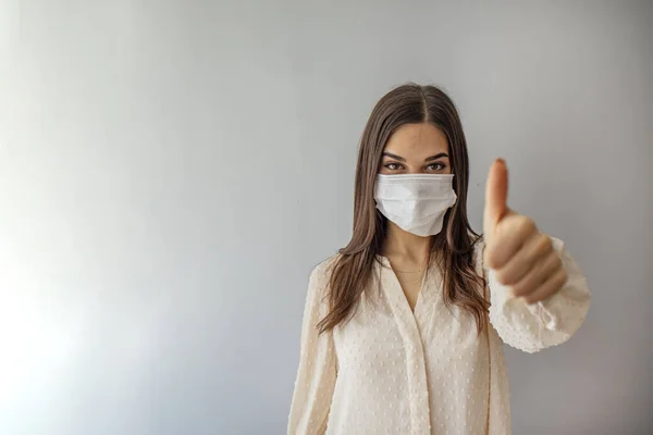 Woman Face Protective Mask Standing Front Grey Wall Protection Epidemics — Stock Photo, Image