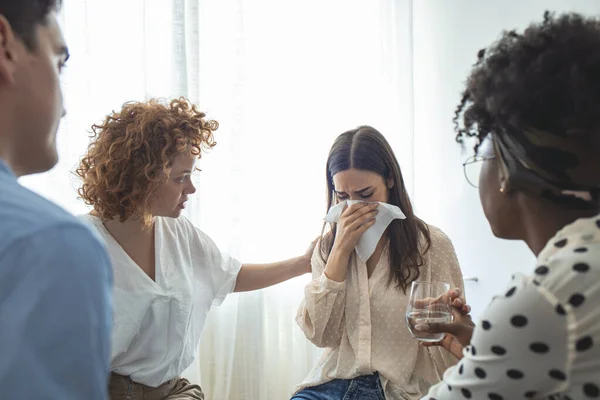 Upset Woman Trouble Get Psychological Support Therapy Session Diverse Friends — Stock Photo, Image