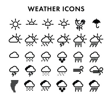simgeler, hava, simge, küme, sembol, web, iklim, güneş, bulutlar, yağmur, dolu, kar, şimşek, fırtına, Rüzgar, şemsiye, vane, kötü hava, kasırga