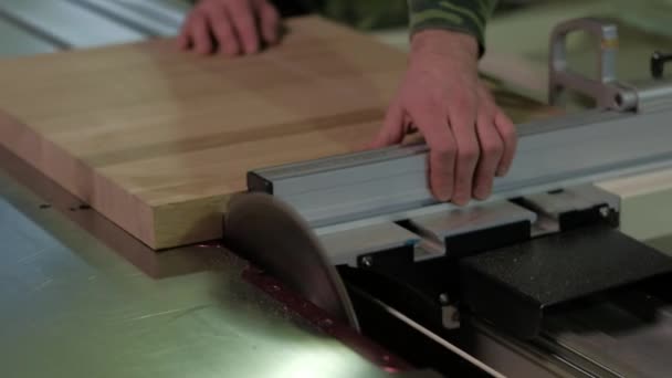 Trabajador en madera de aserrado de camuflaje en la máquina, madera de aserrado en un telar circular, el trabajo en el taller — Vídeo de stock