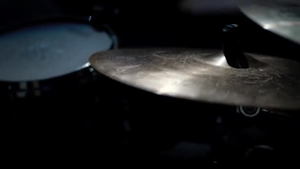 The Drummer Plays on Ride Cymbal, a Man Plays the Drums on Concert, Slowmotion, Close up of Drummer 's Hands — стоковое видео