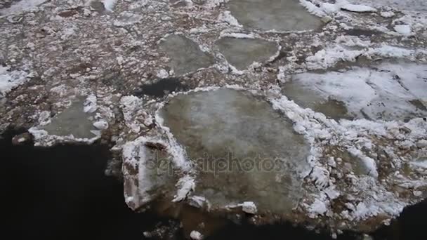 Blocco di ghiaccio che galleggia nel fiume, lo scioglimento primaverile dei fiumi — Video Stock