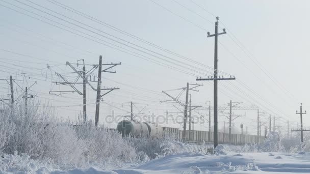 Inverno treno corse con carri filo trasmissione coperto di gelo, le piante sono coperte di neve — Video Stock