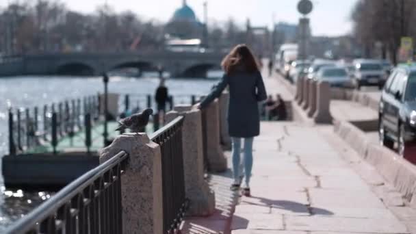 Menina feliz com cabelos longos, roupas jeans, andando ao longo do rio, e ouvir música no jogador — Vídeo de Stock