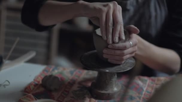 Jovem Potter Feminina, Faz uma Caneca de Argila, Close-Up Tiro de Mãos — Vídeo de Stock