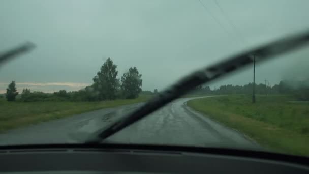 O motorista vai na estrada fora da cidade depois da chuva pesada, atirar da primeira pessoa no carro, estrada molhada, mau tempo, verão chuvoso — Vídeo de Stock