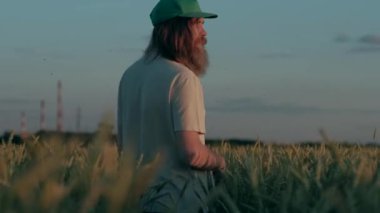 Arkadan görünüş - köyde, dönüm görünümü bak, kendi tarlaları buğday alanında ciddi adam Ziraat Mühendisi yürüyüş etrafında uçan sivrisinek