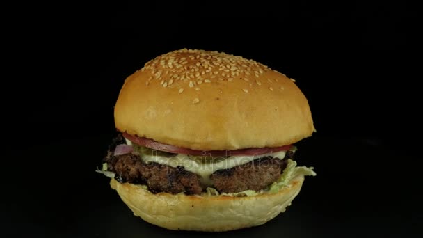 Primer plano apetitosa sabrosa hamburguesa — Vídeo de stock