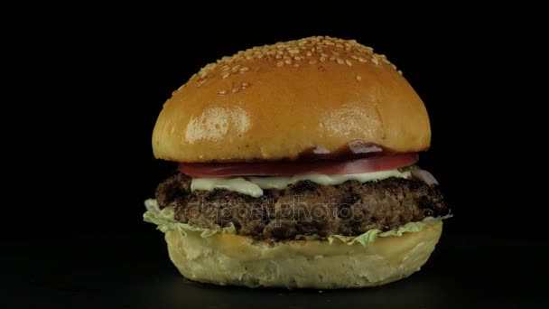 Primo piano appetitoso gustoso hamburger — Video Stock