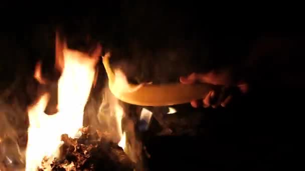 Banana a la parrilla en la hoguera . — Vídeos de Stock