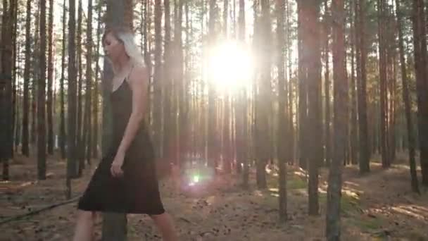 Modelo atractivo en vestido bodycon camina en el bosque en el día soleado — Vídeo de stock