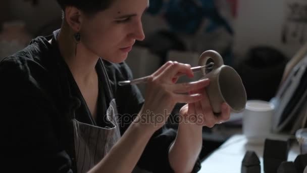 Young Potter Works in Workshop, — Stock Video