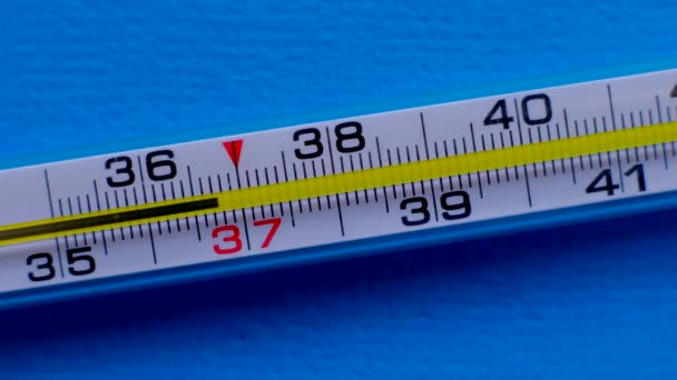 Temperatuur stijgt weergegeven op een thermometer op een blauwe achtergrond close-up. — Stockvideo