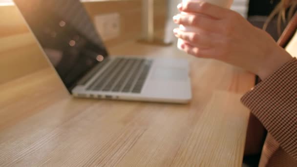 Fokusera på kaffekoppen. Kvinna dricka kaffe och arbeta på laptop i solig dag. — Stockvideo