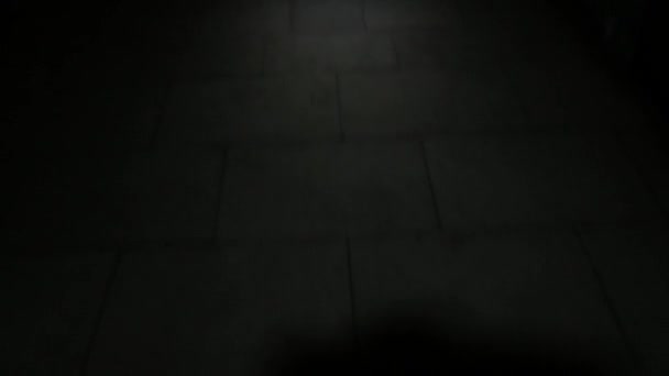 Human goes inside the dark corridor holding lantern and looking for the exit. — Stock Video