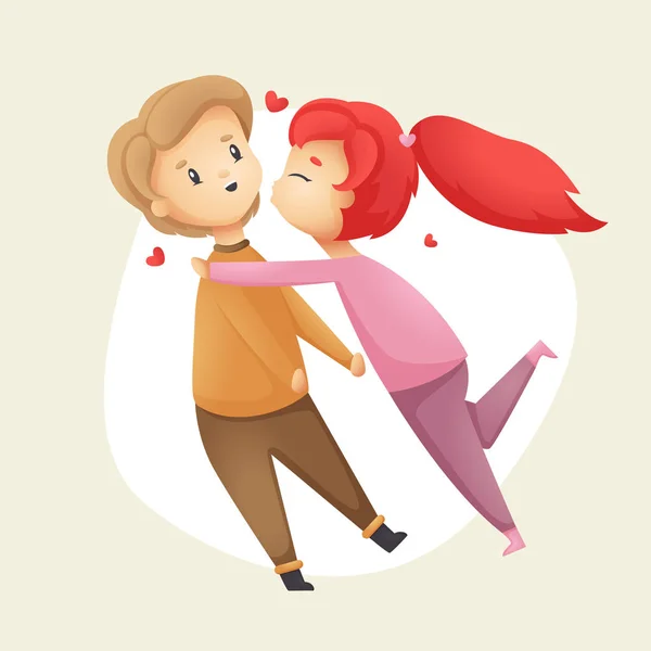 Linda chica besándose chico. Feliz día de San Valentín postal. Dibujos animados vectoriales ilustración — Vector de stock