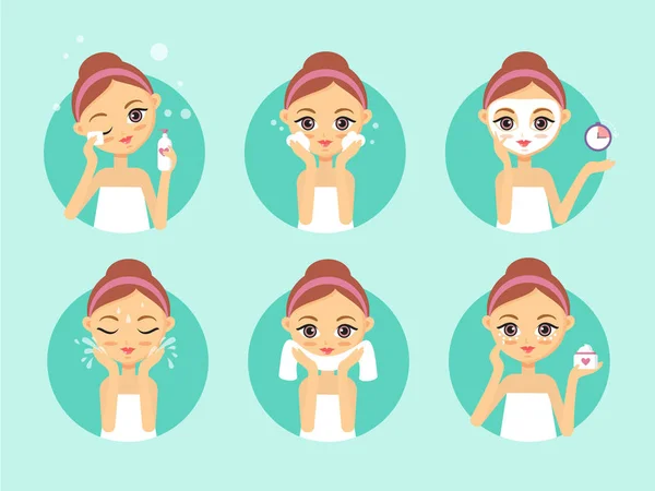 Chica limpiando y cuidando su cara. Cómo limpiar la ilustración facial — Archivo Imágenes Vectoriales