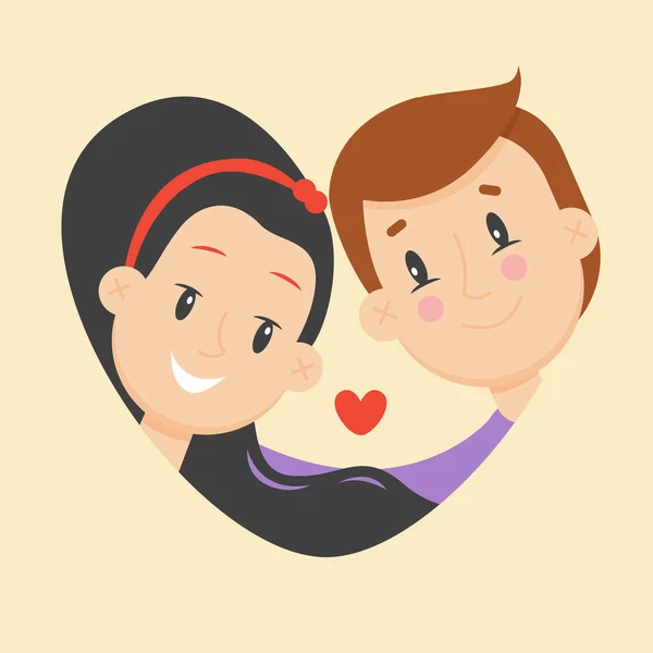 Çift düz şekilde seviyorum. Bir kalp şeklinde gülümseyen kadın ve erkek. Sevgililer günü, aile ilişkileri, düğün etiketi