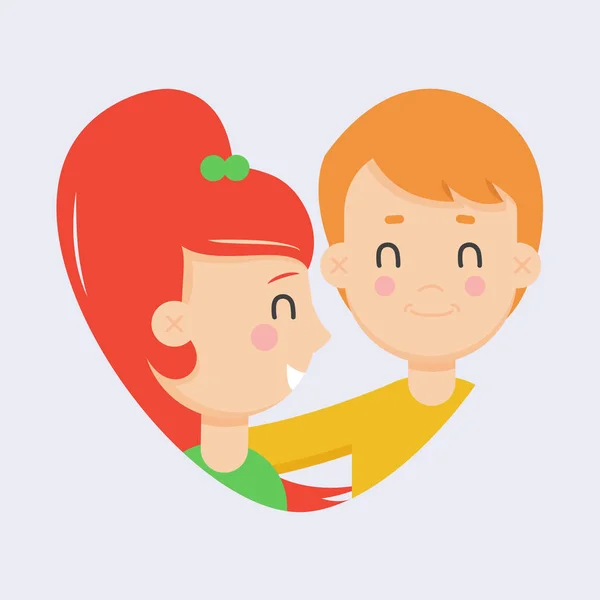 Pareja de amor ilustración plana. Hombre y mujer sonriendo en forma de corazón. Día de San Valentín, relaciones familiares, etiqueta de la boda — Vector de stock