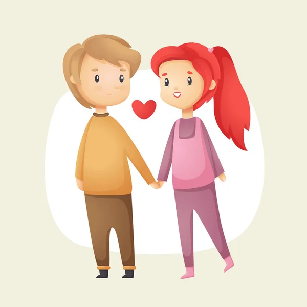 Linda pareja de amor tomados de la mano. Feliz día de San Valentín postal. Dibujos animados vectoriales ilustración — Vector de stock