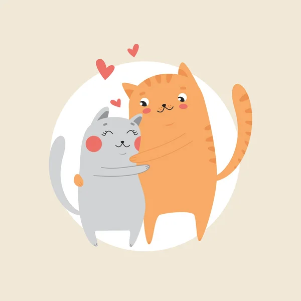 Aşk sarılma içinde sevimli kediler. Mutlu Sevgililer günü kartpostal. Vektör çizim.
