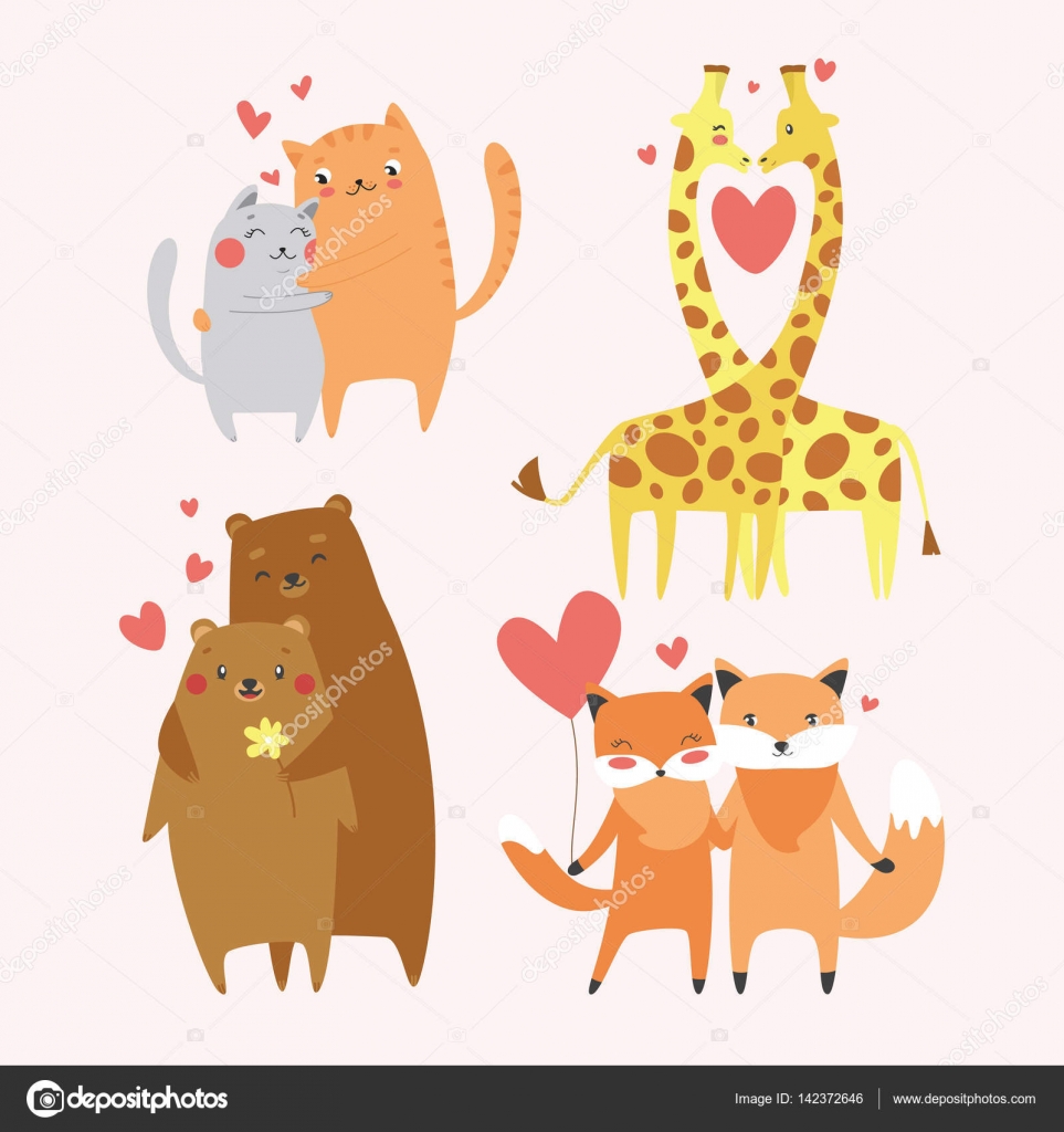 Cute animals couples in love collection. Happy Valentine's day postcard.  Vector illustration. Wild animals set Stock Vector Image by ©Saenko  #142372646