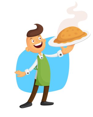Pasta ile genç baker hippi. Taze ekmek vektör çizim
