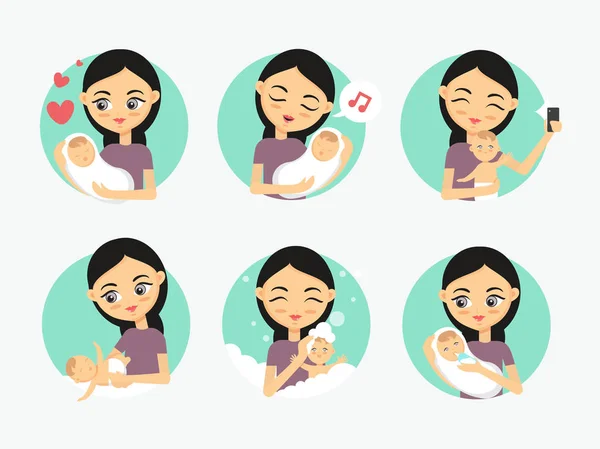 Baby care ikonok. A nő egy újszülött gondozása. Hogyan viselkedni törődik a gyermek illusztráció — Stock Vector