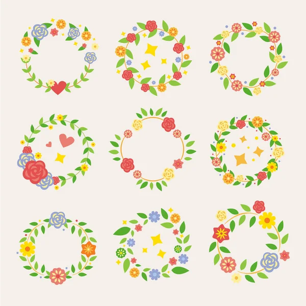 Flat pack of decorative floral wreaths ready for spring — Stock Vector