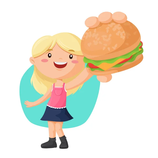 Giovane donna in possesso e mostrando grande hamburger . — Vettoriale Stock
