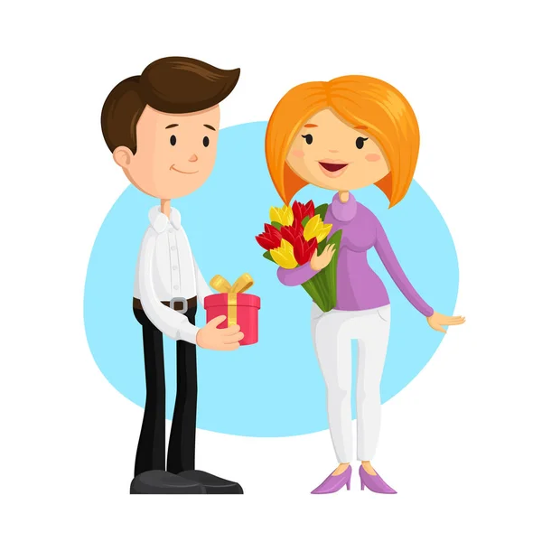 Cute man gives present to woman with bouquet of flowers — Stock Vector