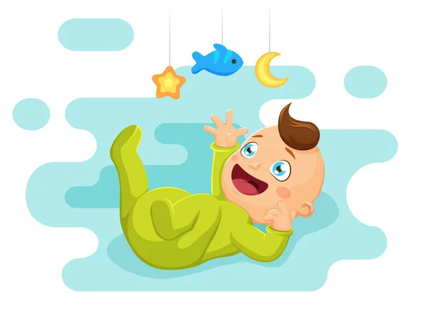 Cute baby lies and playing toys. Vector illustration — Stock Vector