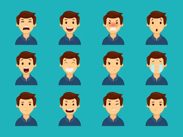 Conjunto de emoções faciais de um trabalhador de escritório. Homem personagem emoji —  Vetores de Stock
