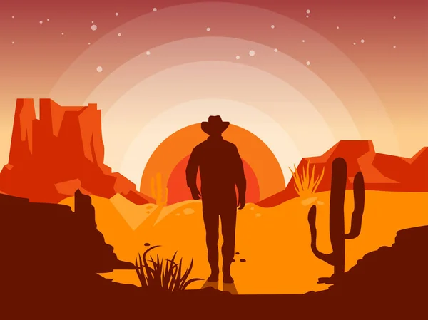 Wild west landscape with cowboy silhouette — Stock Vector