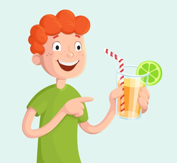 Frisdrank. Jongen met vers drankje vectorillustratie — Stockvector