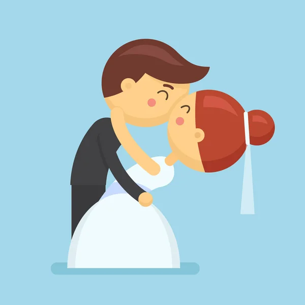 Hochzeit süßes Paar im flachen Stil. Braut und Bräutigam küssen sich — Stockvektor