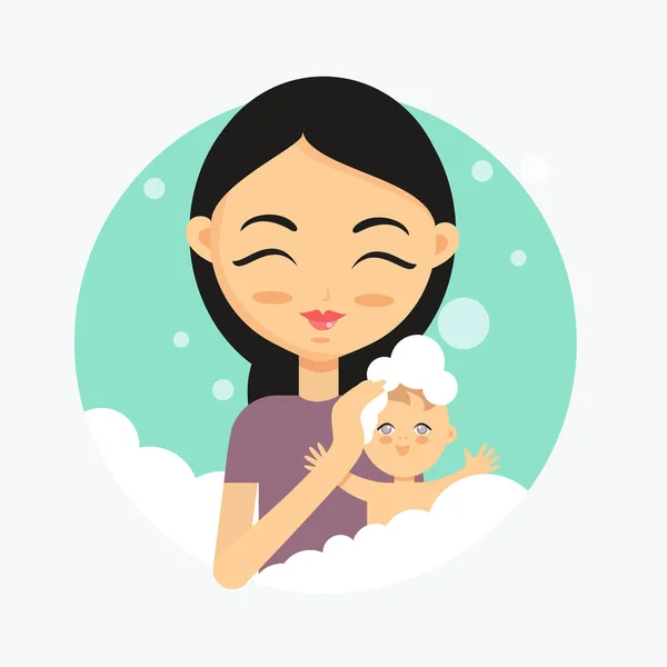Ευτυχισμένη μητέρα πλένει το μωρό της. Πώς να αναλάβει τη φροντίδα του παιδιού — Διανυσματικό Αρχείο