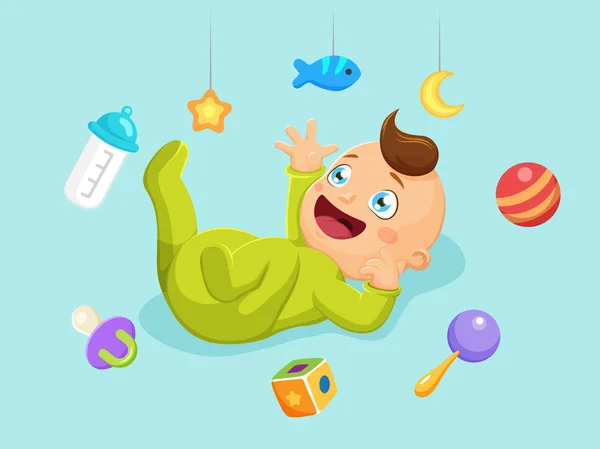 Niedliches Baby mit Spielzeug und Elementen. Vektorillustration — Stockvektor