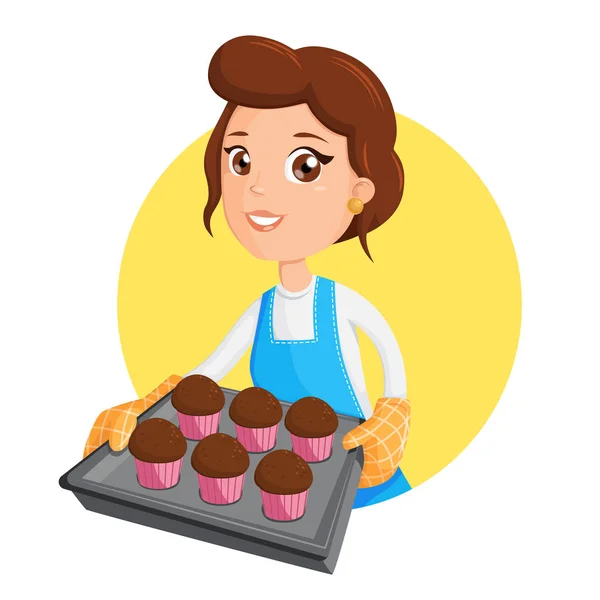 Frau mit Kuchen. Vektor-Illustration eines kochenden Mädchens — Stockvektor