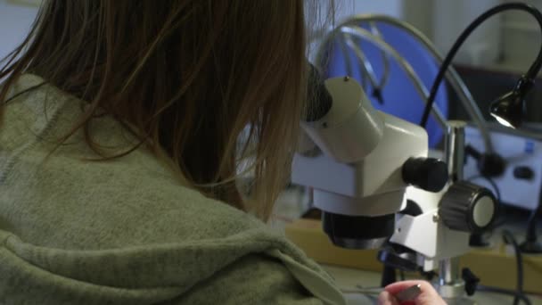 顕微鏡を見ている科学者からペトリディッシュに肩をパンダウン — ストック動画