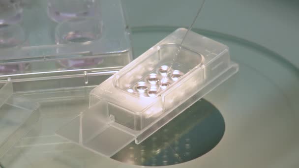 靠近一个科学家用来在一个小盒子里填写样品的注射器 — 图库视频影像