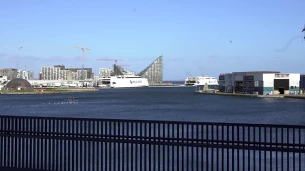 Съемка с видом на гавань Орхуса — стоковое видео